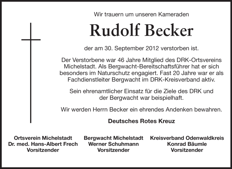  Traueranzeige für Rudolf Becker vom 04.10.2012 aus Odenwälder Echo