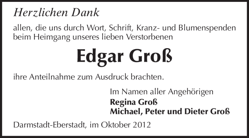  Traueranzeige für Edgar Groß vom 06.10.2012 aus Echo-Zeitungen (Gesamtausgabe)