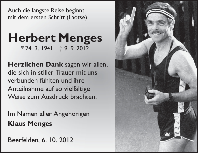  Traueranzeige für Herbert Menges vom 06.10.2012 aus Echo-Zeitungen (Gesamtausgabe)