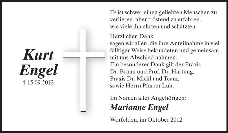  Traueranzeige für Kurt Engel vom 06.10.2012 aus Rüsselsheimer Echo, Groß-Gerauer-Echo, Ried Echo