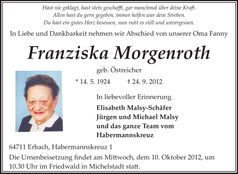  Traueranzeige für Franziska Morgenroth vom 06.10.2012 aus Odenwälder Echo