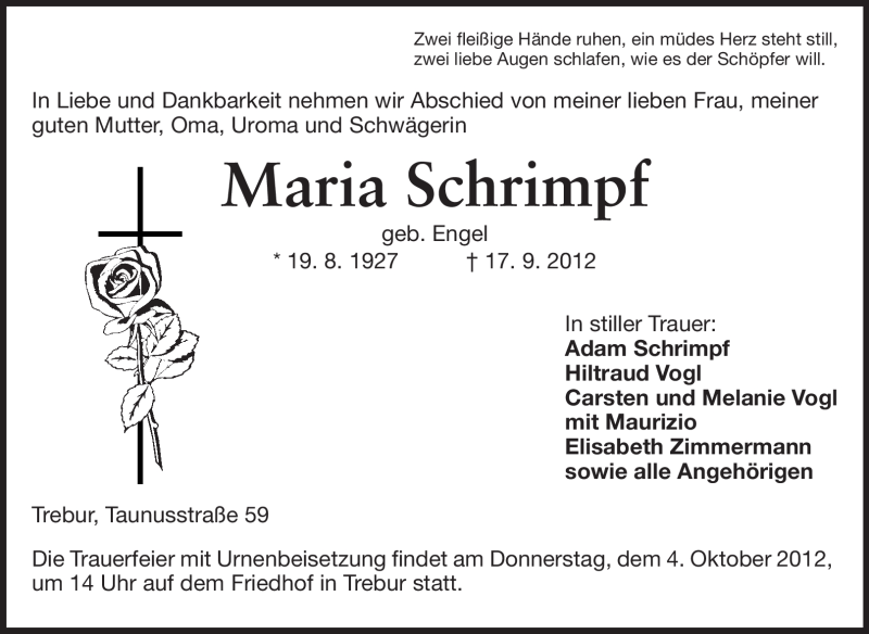  Traueranzeige für Maria Schrimpf vom 04.10.2012 aus Rüsselsheimer Echo, Groß-Gerauer-Echo, Ried Echo
