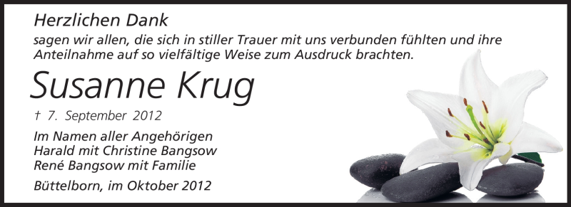  Traueranzeige für Susanne Krug vom 06.10.2012 aus Rüsselsheimer Echo, Groß-Gerauer-Echo, Ried Echo