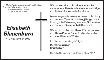 Traueranzeige von Elisabeth Blauenburg von Rüsselsheimer Echo, Groß-Gerauer-Echo, Ried Echo
