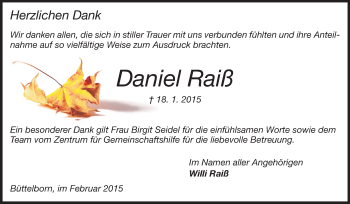 Traueranzeige von Daniel Raiß von Rüsselsheimer Echo, Groß-Gerauer-Echo, Ried Echo