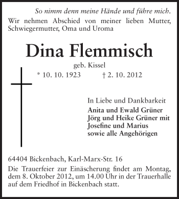 Traueranzeige von Dina Flemmisch von Echo-Zeitungen (Gesamtausgabe)