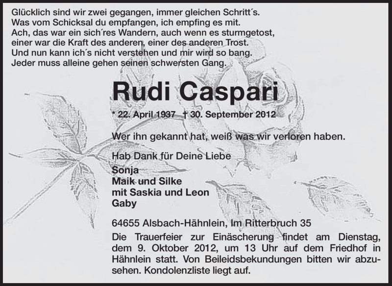  Traueranzeige für Rudi Caspari vom 05.10.2012 aus Echo-Zeitungen (Gesamtausgabe)