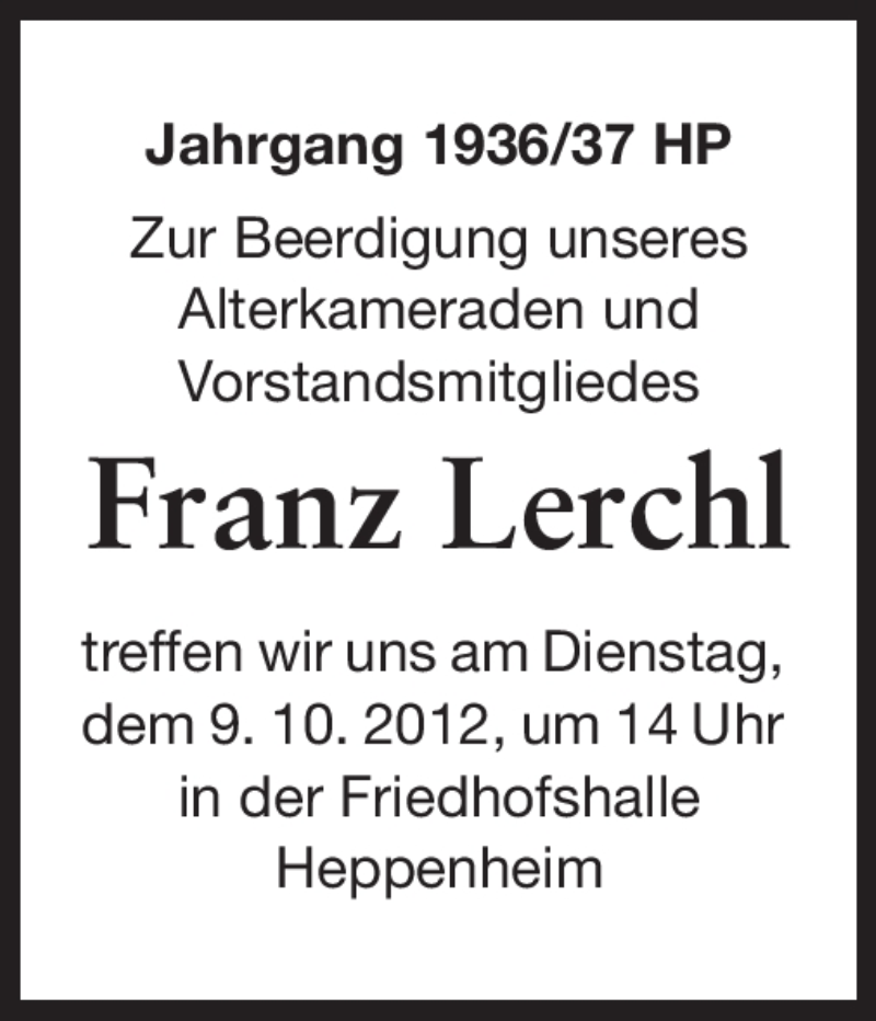  Traueranzeige für Franz Lerchl vom 05.10.2012 aus Starkenburger Echo