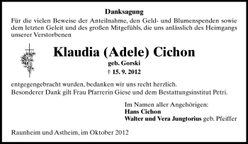 Traueranzeige von Klaudia Cichon von Rüsselsheimer Echo, Groß-Gerauer-Echo, Ried Echo