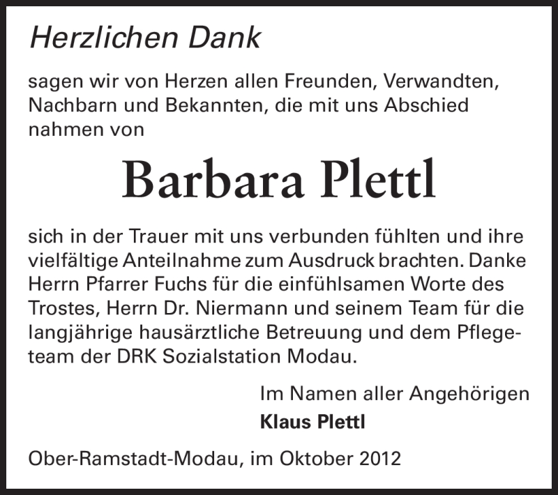  Traueranzeige für Barbara Plettl vom 06.10.2012 aus Darmstädter Echo, Odenwälder Echo, Rüsselsheimer Echo, Groß-Gerauer-Echo, Ried Echo