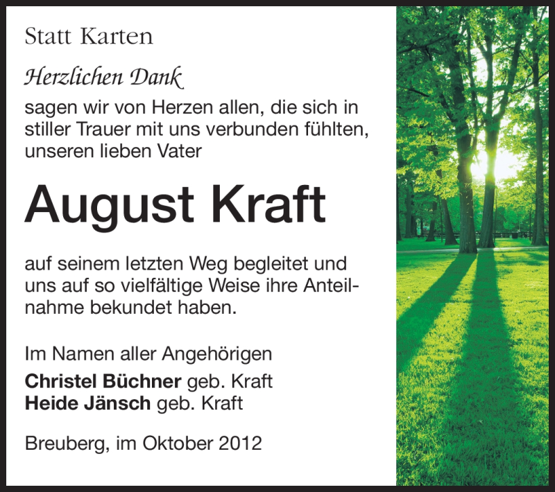  Traueranzeige für August Kraft vom 05.10.2012 aus Odenwälder Echo