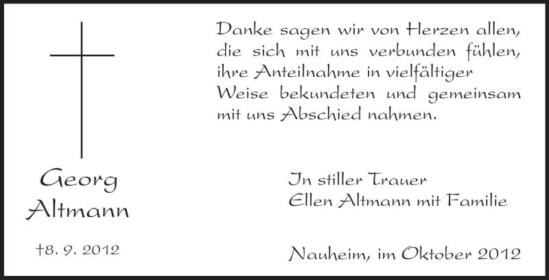 Traueranzeige für Georg Altmann vom 13.10.2012 aus Rüsselsheimer Echo, Groß-Gerauer-Echo, Ried Echo