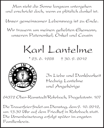 Traueranzeige von Karl Lantelme von Echo-Zeitungen (Gesamtausgabe)