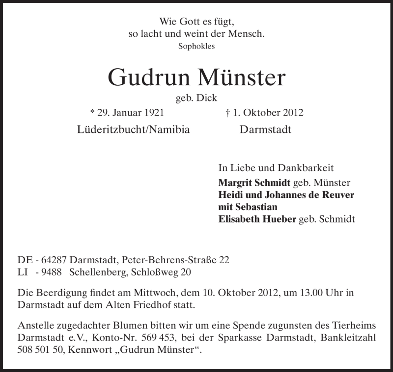  Traueranzeige für Gudrun Münster vom 06.10.2012 aus Echo-Zeitungen (Gesamtausgabe)