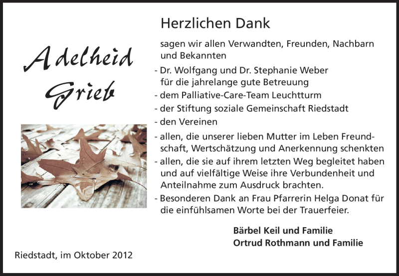  Traueranzeige für Adelheid Grieb vom 06.10.2012 aus Rüsselsheimer Echo, Groß-Gerauer-Echo, Ried Echo