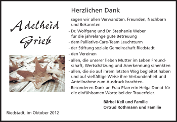 Traueranzeige von Adelheid Grieb von Rüsselsheimer Echo, Groß-Gerauer-Echo, Ried Echo