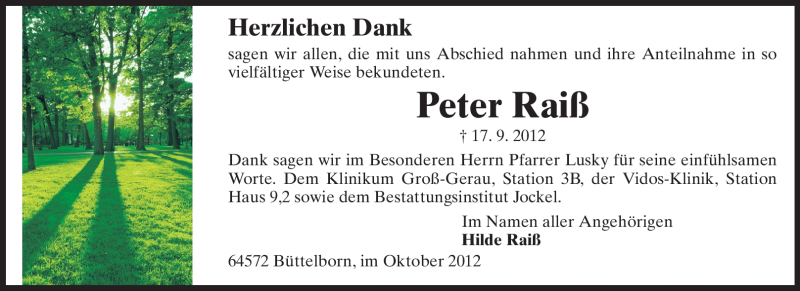  Traueranzeige für Peter Raiß vom 06.10.2012 aus Rüsselsheimer Echo, Groß-Gerauer-Echo, Ried Echo