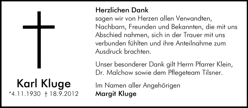  Traueranzeige für Karl Kluge vom 06.10.2012 aus Echo-Zeitungen (Gesamtausgabe)