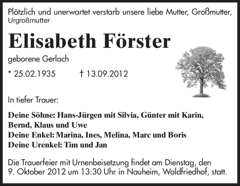  Traueranzeige für Elisabeth Förster vom 06.10.2012 aus Rüsselsheimer Echo, Groß-Gerauer-Echo, Ried Echo