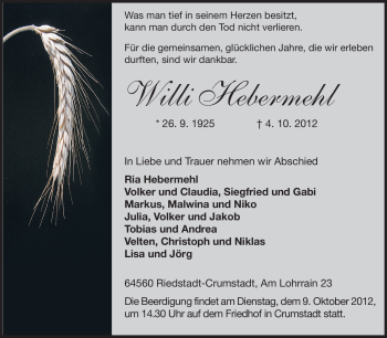 Traueranzeige von Willi Hebermehl von Rüsselsheimer Echo, Groß-Gerauer-Echo, Ried Echo