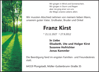 Traueranzeige von Franz Kirst von Echo-Zeitungen (Gesamtausgabe)