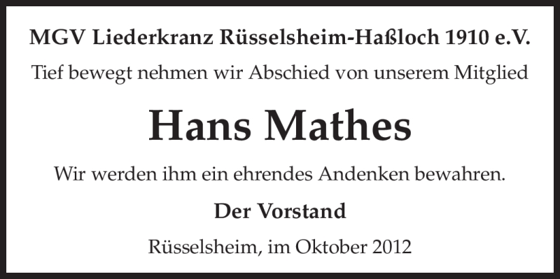  Traueranzeige für Hans Mathes vom 06.10.2012 aus Rüsselsheimer Echo, Groß-Gerauer-Echo, Ried Echo