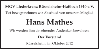 Traueranzeige von Hans Mathes von Rüsselsheimer Echo, Groß-Gerauer-Echo, Ried Echo