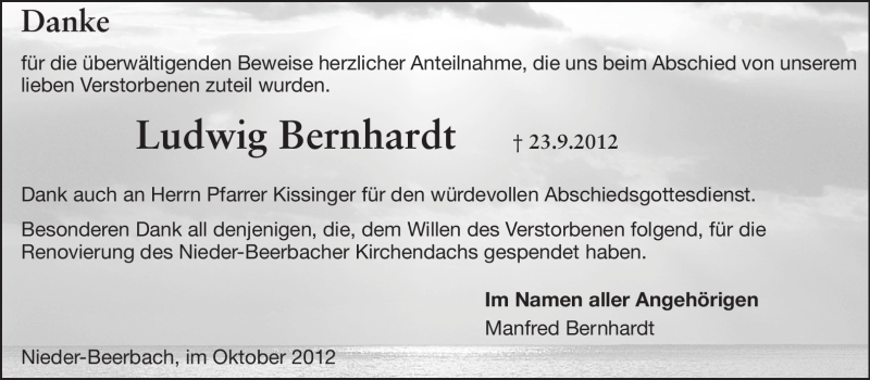  Traueranzeige für Ludwig Bernhardt vom 06.10.2012 aus Echo-Zeitungen (Gesamtausgabe)