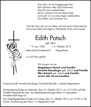 Traueranzeige von Edith Potsch von Starkenburger Echo