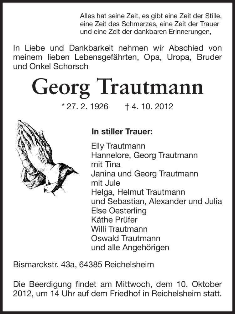  Traueranzeige für Georg Trautmann vom 06.10.2012 aus Echo-Zeitungen (Gesamtausgabe)