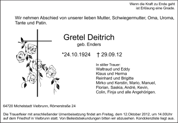 Traueranzeige von Gretel Deitrich von Odenwälder Echo