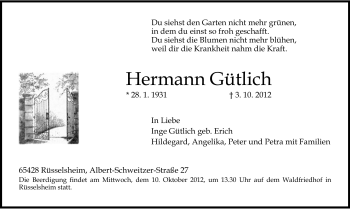 Traueranzeige von Hermann Gütlich von Rüsselsheimer Echo, Groß-Gerauer-Echo, Ried Echo