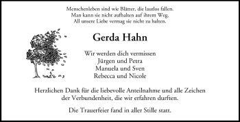 Traueranzeige von Gerda Hahn von Echo-Zeitungen (Gesamtausgabe)