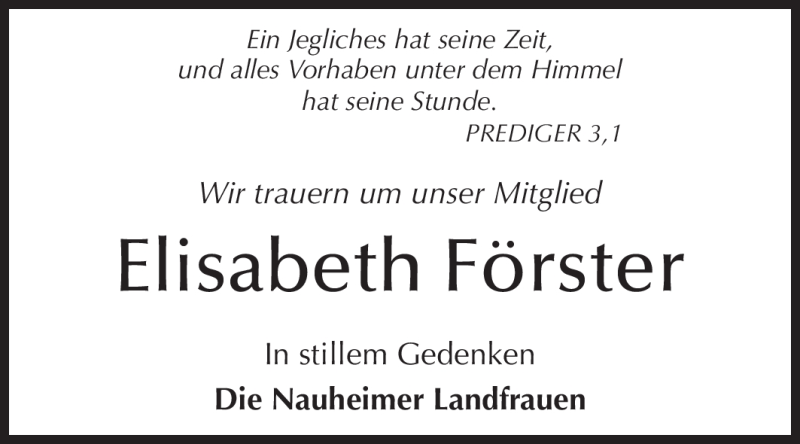  Traueranzeige für Elisabeth Förster vom 09.10.2012 aus Rüsselsheimer Echo, Groß-Gerauer-Echo, Ried Echo