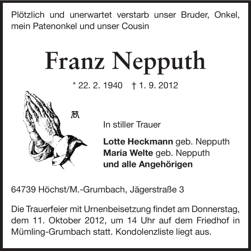  Traueranzeige für Franz Nepputh vom 09.10.2012 aus Odenwälder Echo