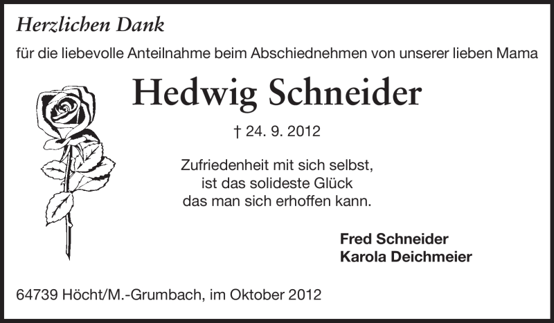  Traueranzeige für Hedwig Schneider vom 13.10.2012 aus Odenwälder Echo