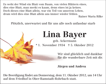 Traueranzeige von Lina Bayer von Echo-Zeitungen (Gesamtausgabe)