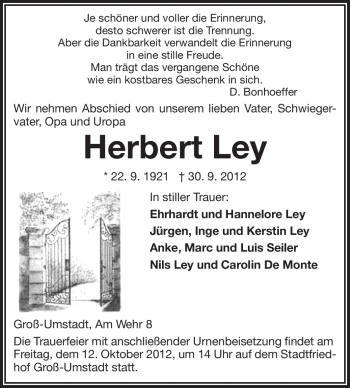 Traueranzeige von Herbert Ley von Echo-Zeitungen (Gesamtausgabe)