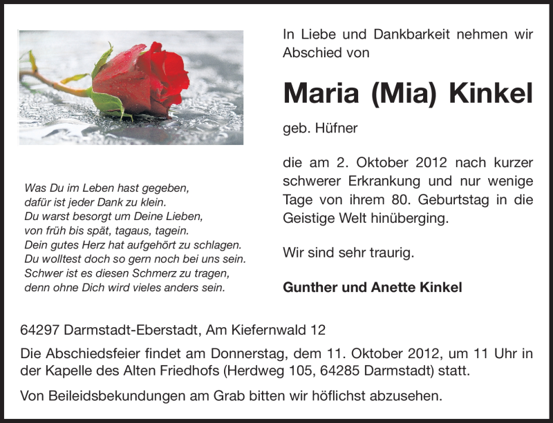  Traueranzeige für Maria Kinkel vom 09.10.2012 aus Echo-Zeitungen (Gesamtausgabe)