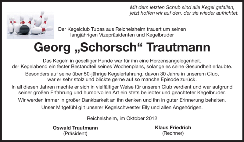  Traueranzeige für Georg Trautmann vom 09.10.2012 aus Odenwälder Echo