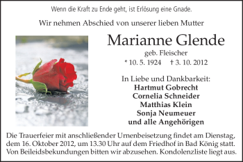 Traueranzeige von Marianne Glende von Odenwälder Echo