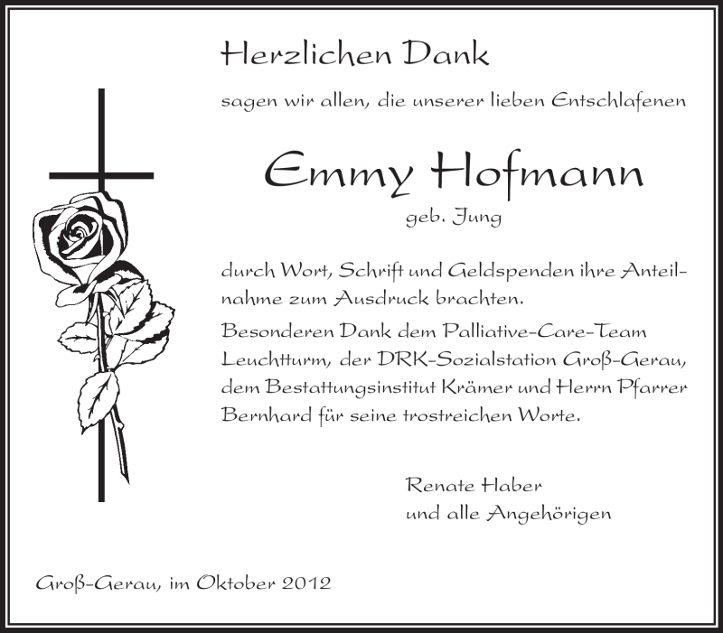  Traueranzeige für Emmy Hofmann vom 13.10.2012 aus Rüsselsheimer Echo, Groß-Gerauer-Echo, Ried Echo