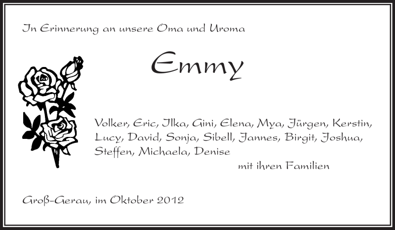  Traueranzeige für Emmy  vom 12.10.2012 aus Rüsselsheimer Echo, Groß-Gerauer-Echo, Ried Echo
