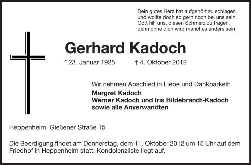  Traueranzeige für Gerhard Kadoch vom 09.10.2012 aus Starkenburger Echo