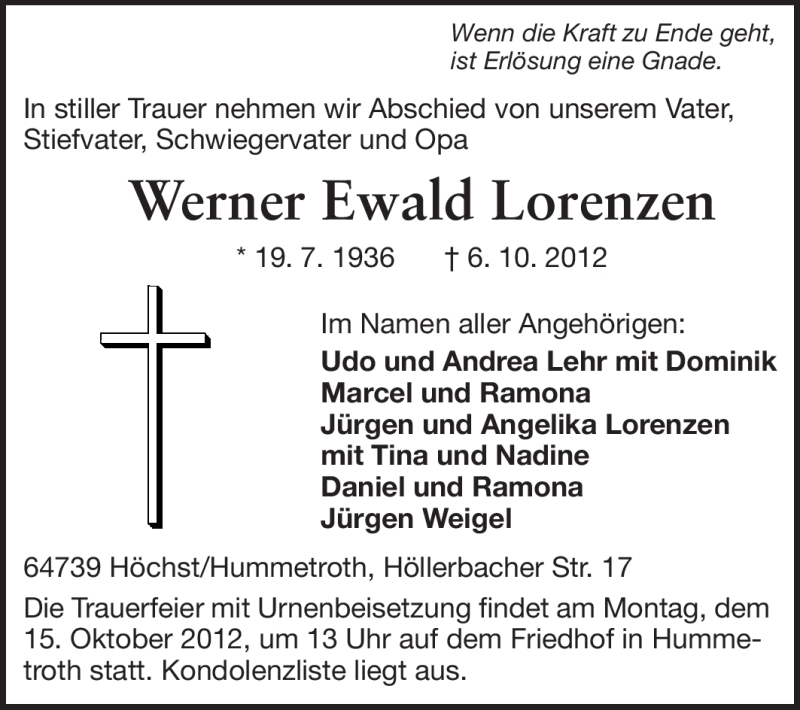  Traueranzeige für Werner Ewald Lorenzen vom 12.10.2012 aus Odenwälder Echo