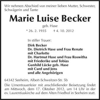 Traueranzeige von Marie Luise Becker von Echo-Zeitungen (Gesamtausgabe)