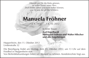 Traueranzeige von Manuela Fröhner von Starkenburger Echo