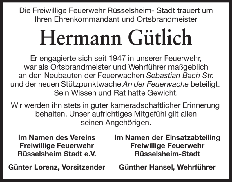  Traueranzeige für Hermann Gütlich vom 10.10.2012 aus Rüsselsheimer Echo, Groß-Gerauer-Echo, Ried Echo