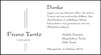 Traueranzeige von Franz Tentz von Echo-Zeitungen (Gesamtausgabe)