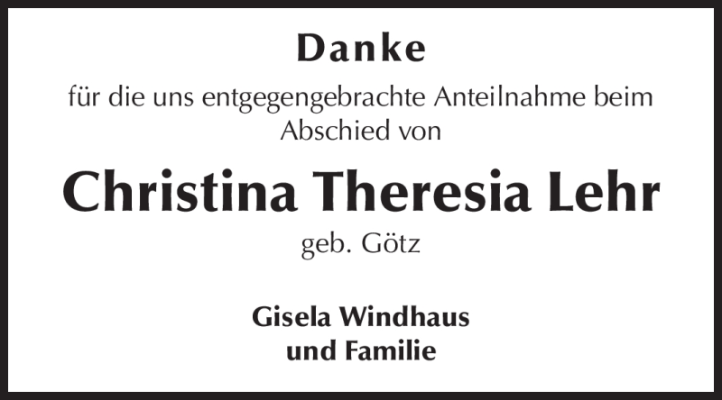  Traueranzeige für Christina Theresia Lehr vom 13.10.2012 aus Echo-Zeitungen (Gesamtausgabe)